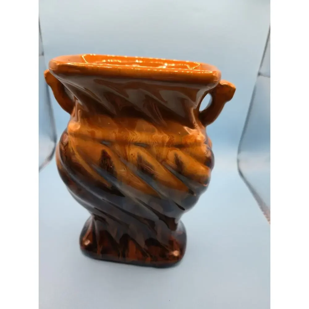 Vintage Mid Century Drip Glaze Pottery Vase Brown Amber MCM Unmarked